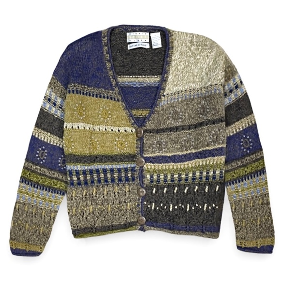 Sigrid Olsen Vintage 90s Hand Knit Cardigan Size L Button Front Beaded Sweater - Picture 1 of 12